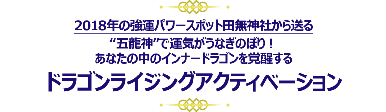 2018年の強運パワースポット田無神社から送る
“五龍神”で運気がうなぎのぼり!
あなたの中のインナードラゴンを覚醒する
ドラゴンライジングアクティベーション